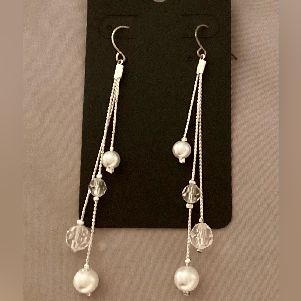 New York & Company Silver and White Linear Drop Earrings